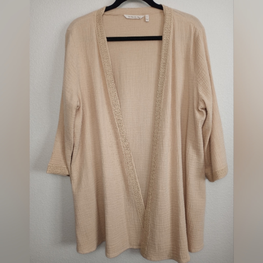 Soft Surroundings Open Front 100 % Cotton Beige Cardigan - 1X Fits like LG or MD